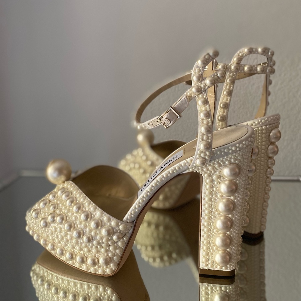 New Sacaria 120 White Satin Platform Sandals with All-Over Pearl Embellishment - Picture 12 of 16